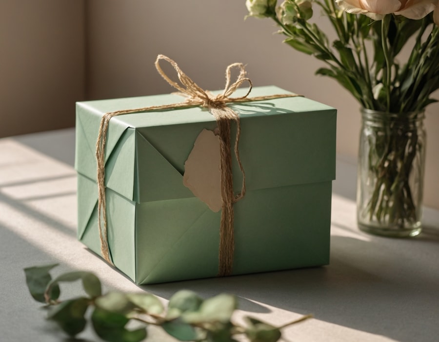 Confezione regalo elegante con nastro su un piano chiaro